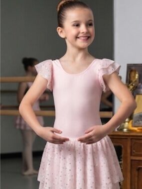 Girls Light Pink Sparkle Ballet Dress Leotard with Layered Skirt